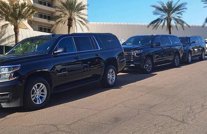 Side view of black luxury SUV, showcasing professional transportation service.
