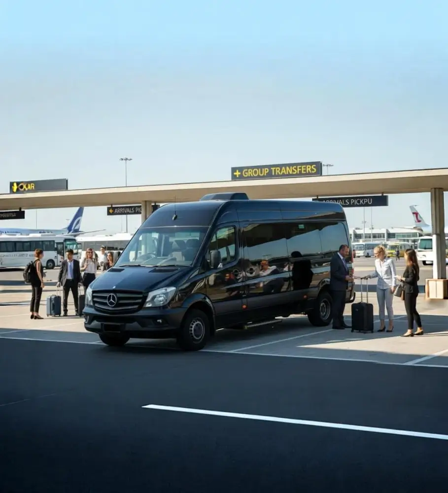 Black executive van outside an airport terminal